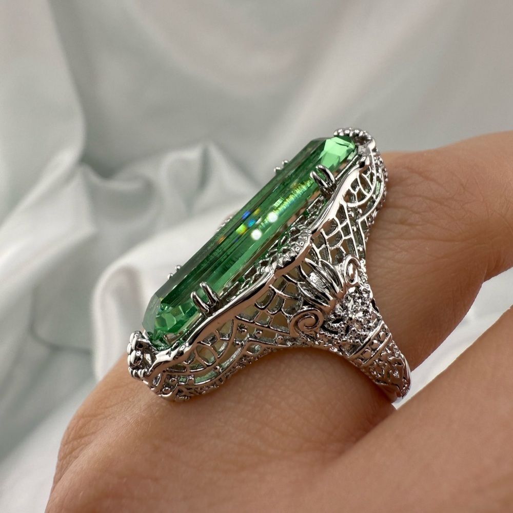 Silver Color Ring With Green Gemstone